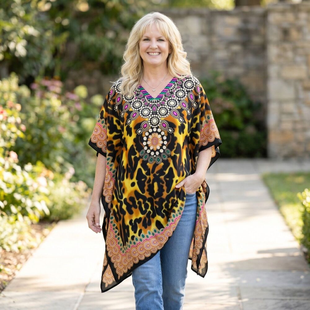 Good Times Caftan Dress One Size Colorful Polyester Kimono Sleeve Cruise Lounge - Picture 4 of 7